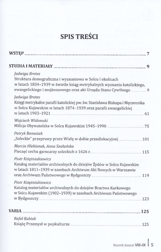 Spis treści wydawnictwa, "Rocznik Solecki VIII-IX" str. 1