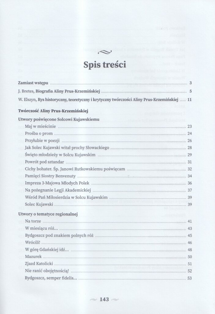 Spis treści wydawnictwa Alina Prus-Krzemińska "Utwory wybrane". Str. 1.