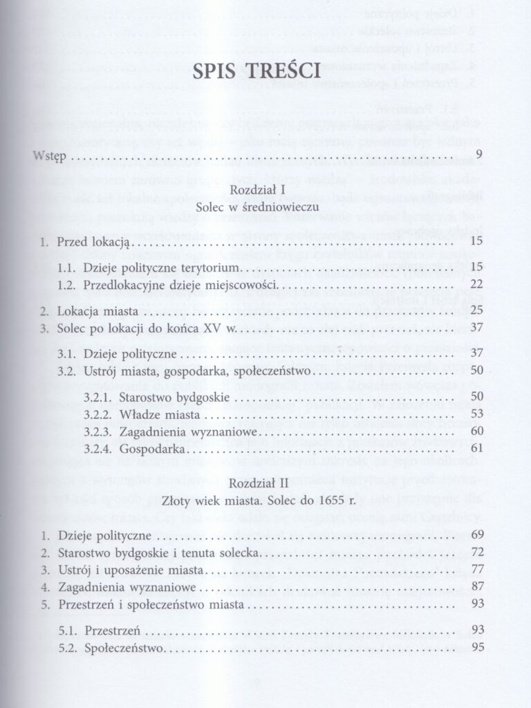 Spis treści wydawnictwa Marcin Hlebionek, „Historia Solca Kujawskiego do 1772 roku”. Str. 1