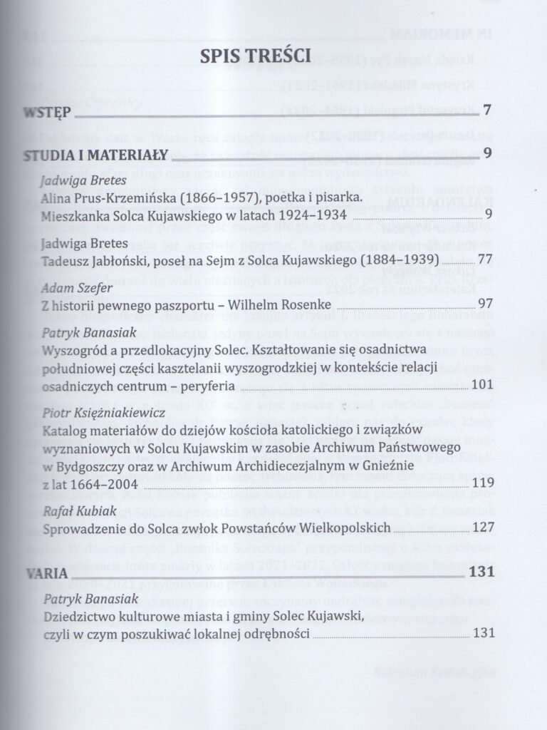 Spis treści wydawnictwa, "Rocznik Solecki XII-XIII", str. 1.